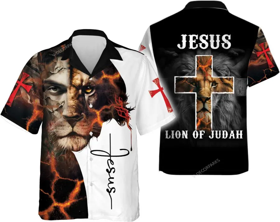 Jesus Lion Of Judah Hawaiian Shirts For Men, Jesus Short Sleeve Button Down Hawaiian Shirt, Christian Aloha Summer Shirt, Casual Printed Beach Shirt