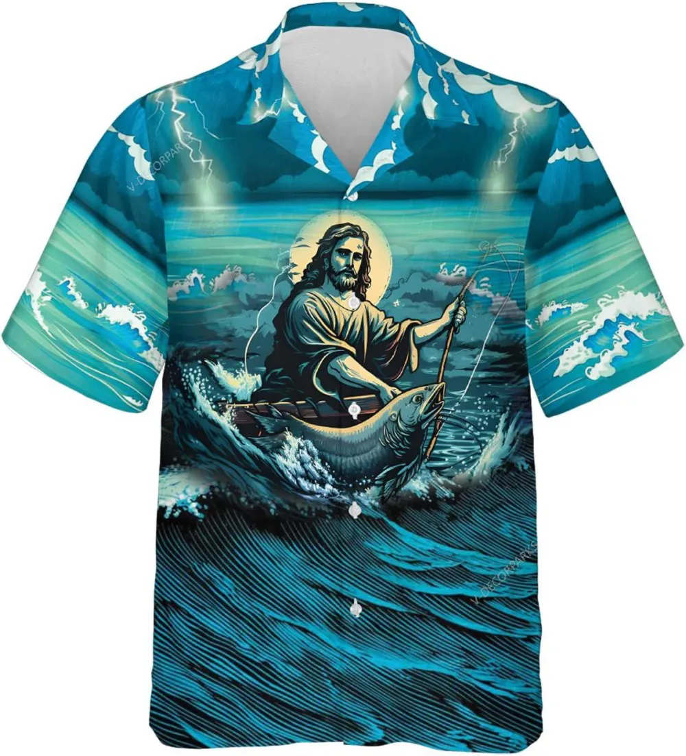 Jesus Fishinghawaiian Shirts For Men Women, Fishing Button Down Hawaiian Shirt, Short Sleeve Summer Beach Shirt, Casual Printed Aloha Shirt