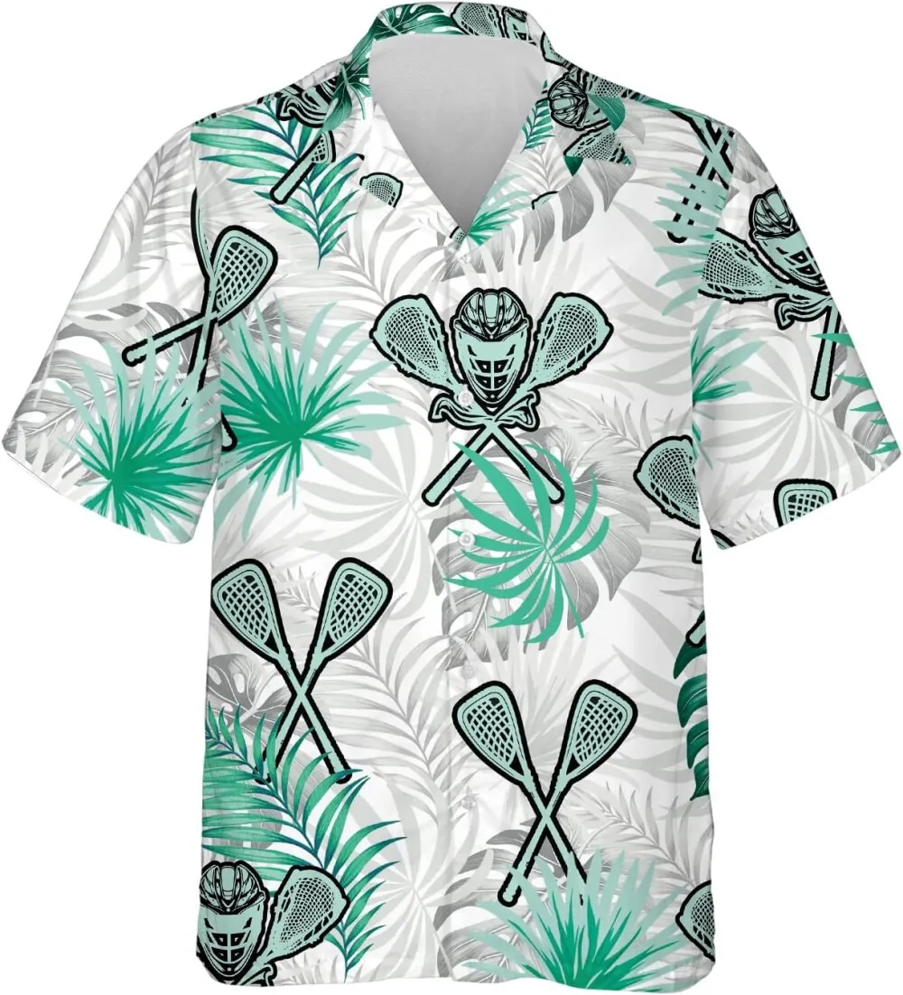 Lacrosse Hawaiian Shirts, Tropical Leaves Pattern Shirts For Lacrosse Lovers, Summer Shirts, Lacrosse Player Short Sleeve Button Down Hawaiian Shirts