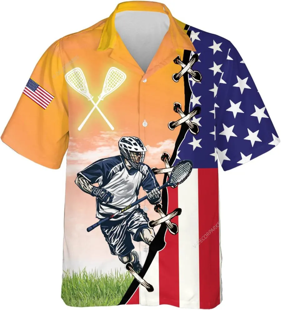 American Lacrosse Summer Menhawaiian Shirt, Lacrosse Short Sleeve Button Down Hawaiian Shirts, Casual Printed Beach Summer Shirt, Lacrosse Lovers Gift
