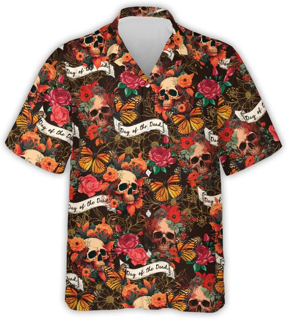 Day Of The Dead Mens Hawaiian Shirts, Mexican Floral Butterflies Skull Hawaiian Shirts, Summer Shirts, Mexico Theme Button Down Short Sleeve Shirts
