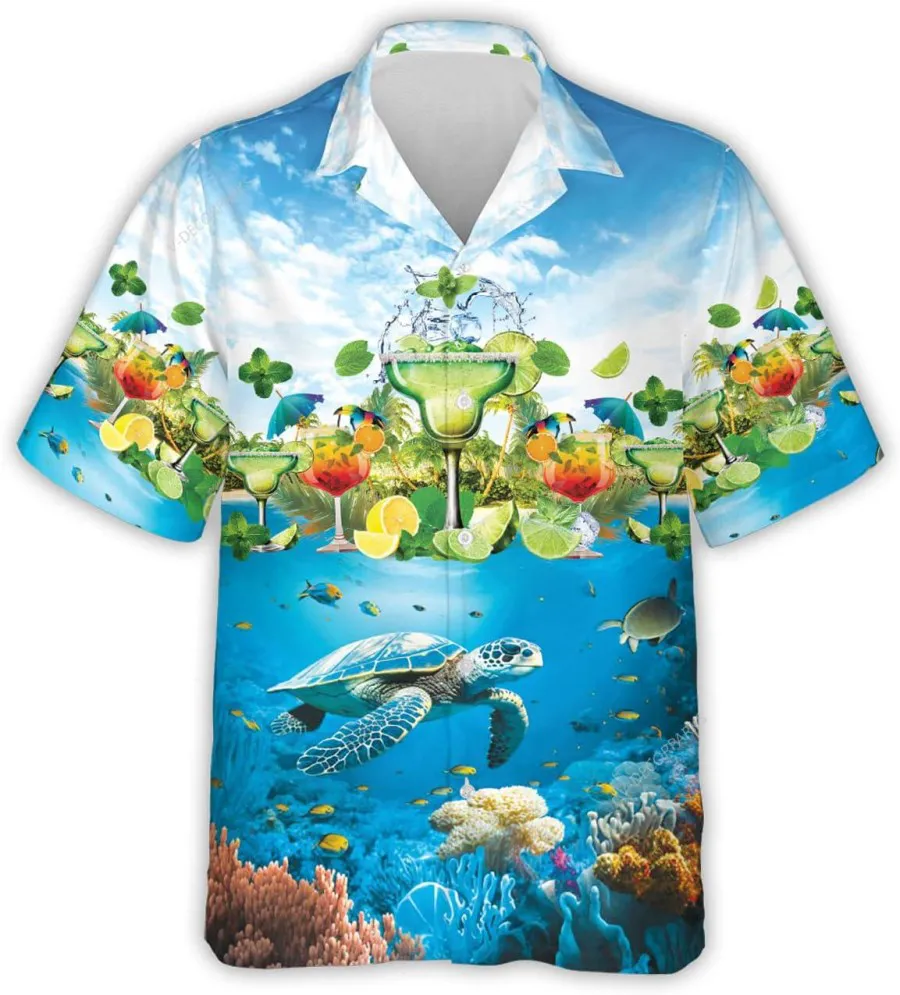 Sea Turtle And Margarita Cocktail Hawaiian Shirt, Summer Cocktail Button Down Hawaiian Shirts For Men, Summer Vacation Hawaiian Shirt, Aloha Shirts