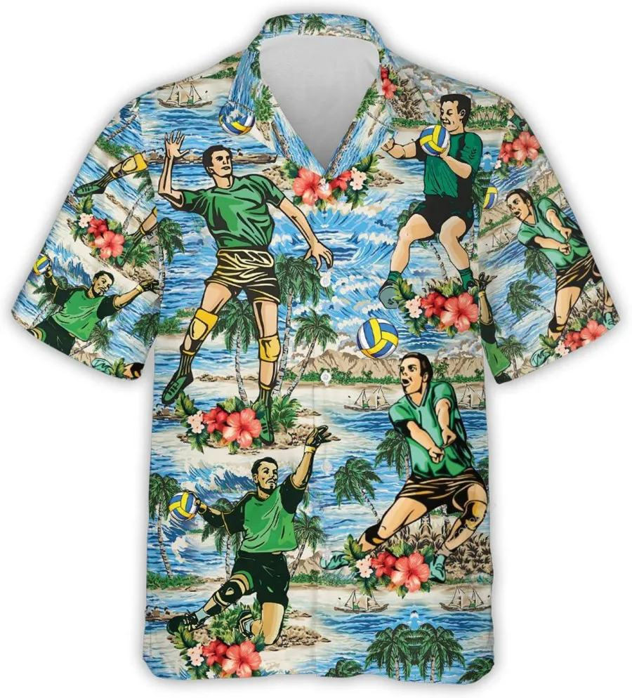 Beach Volleyball Tropical Pattern Shirt For Men Women, Volleyball Hawaiian Shirt, Tropical Summer Beach Aloha Button Down Short Sleeve Mens Hawaiian