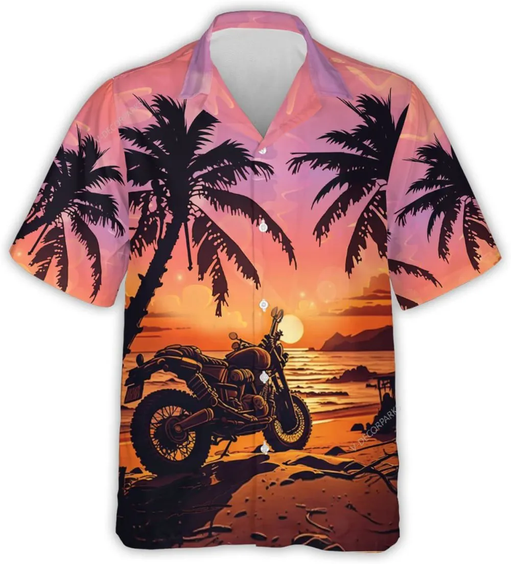 Tropical Sunset Motorbike Summer Men Hawaiian Shirt For Men, Biker Short Sleeve Button Down Hawaiian Shirts, Summer Beach Shirt, Aloha Shirt