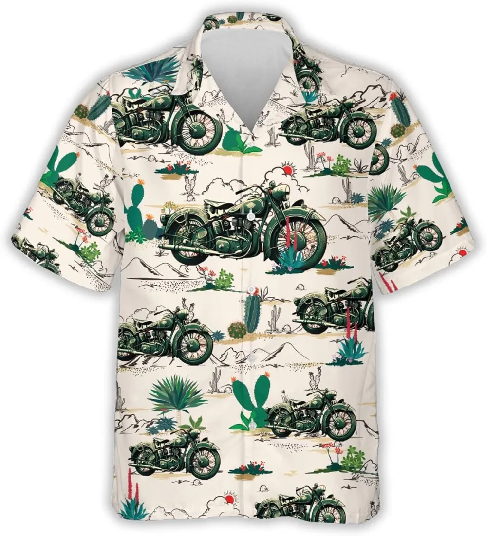 Retro Motorbike Mens Hawaiian Shirt, Cactus Vintage Pattern Summer Shirts, Vintage Motorcycle Short Sleeve Button Down Summer Hawaiian Shirts For Men
