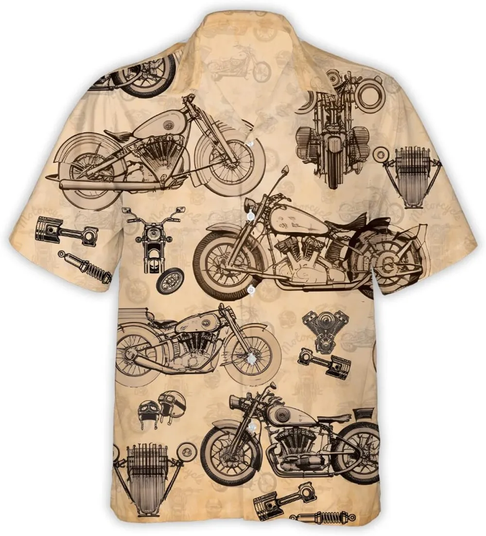 Vintage Motorcycle Hawaiian Shirt, Motorbike Pattern Hawaiian Shirt, Vintage Summer Shirts, Motorbike Short Sleeve Button Down Hawaiian Shirts For Men