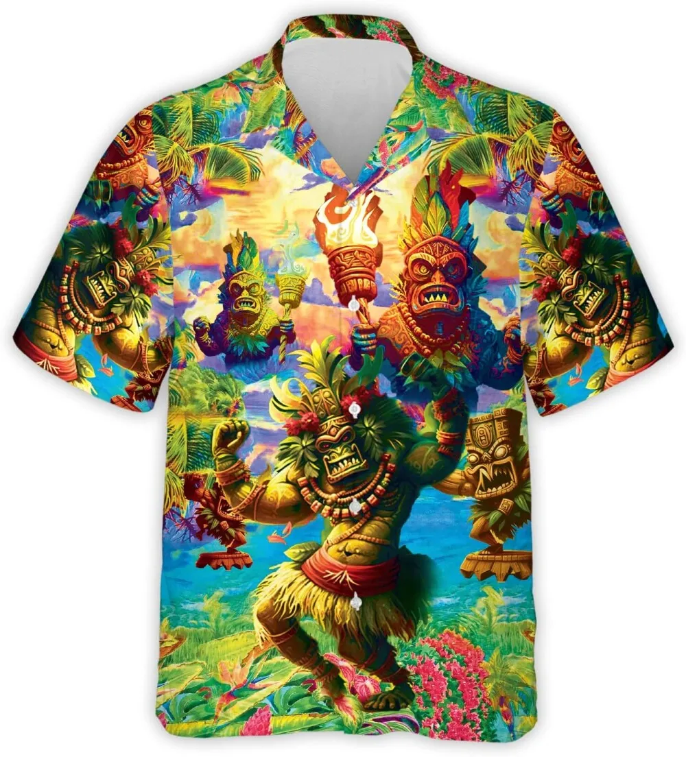 Tropical Tiki Hawaiian Shirts For Men, Summer Tiki Festival Hawaiian Shirt, Tropical Tiki Mens Casual Button Down Short Sleeve Shirts, Aloha Shirts