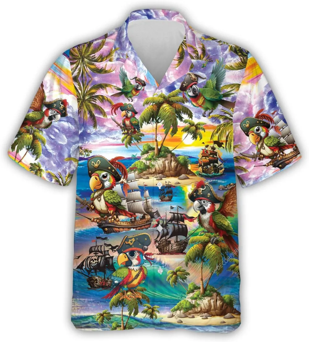 Pirate Parrot And Tropical Island Hawaiian Shirts For Men Women, Vintage Pirates Style Treasure Map Short Sleeve Shirt, Casual Button Down Shirt