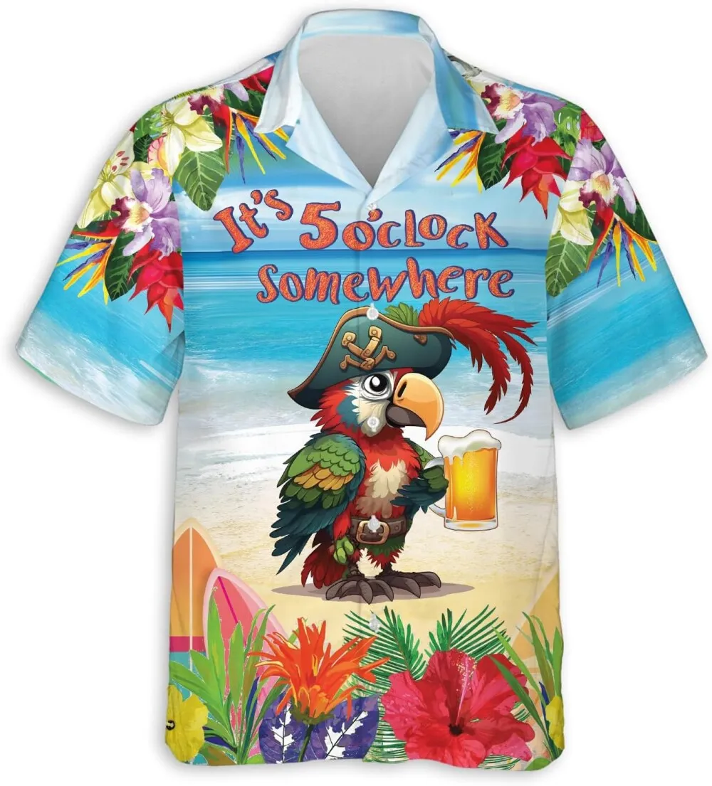 Tropical Parrot Mens Hawaiian Shirts, Parrot Drinking Beer Summer Beach Shirt, Pirate And Beer Summer Casual Button Down Short Sleeve Hawaiian Shirt