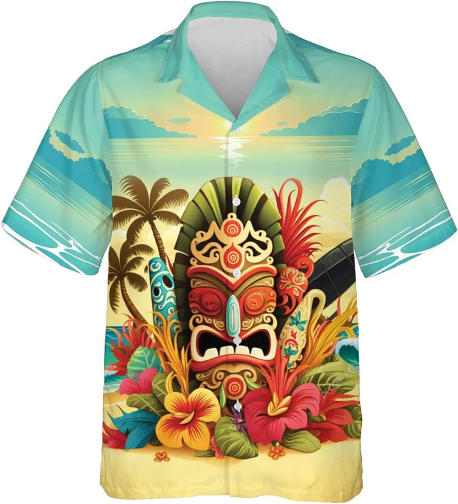 Surfing Tiki And Hibiscus Flower Summer Hawaiian Shirt, Tiki Mask Summer Short Sleeve Button Down Tropcal Beach Shirt, Hawaiian Aloha Shirt