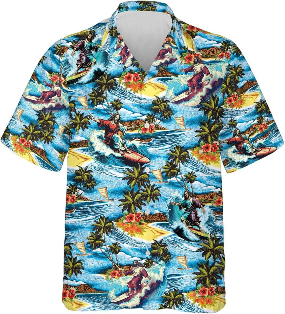 Jesus Surfing Tropical Pattern Hawaiian Shirt For Men Womne, Surfing Summer Beach Shirt, Short Sleeve Button Down Hawaiian Shirts, Aloha Shirt