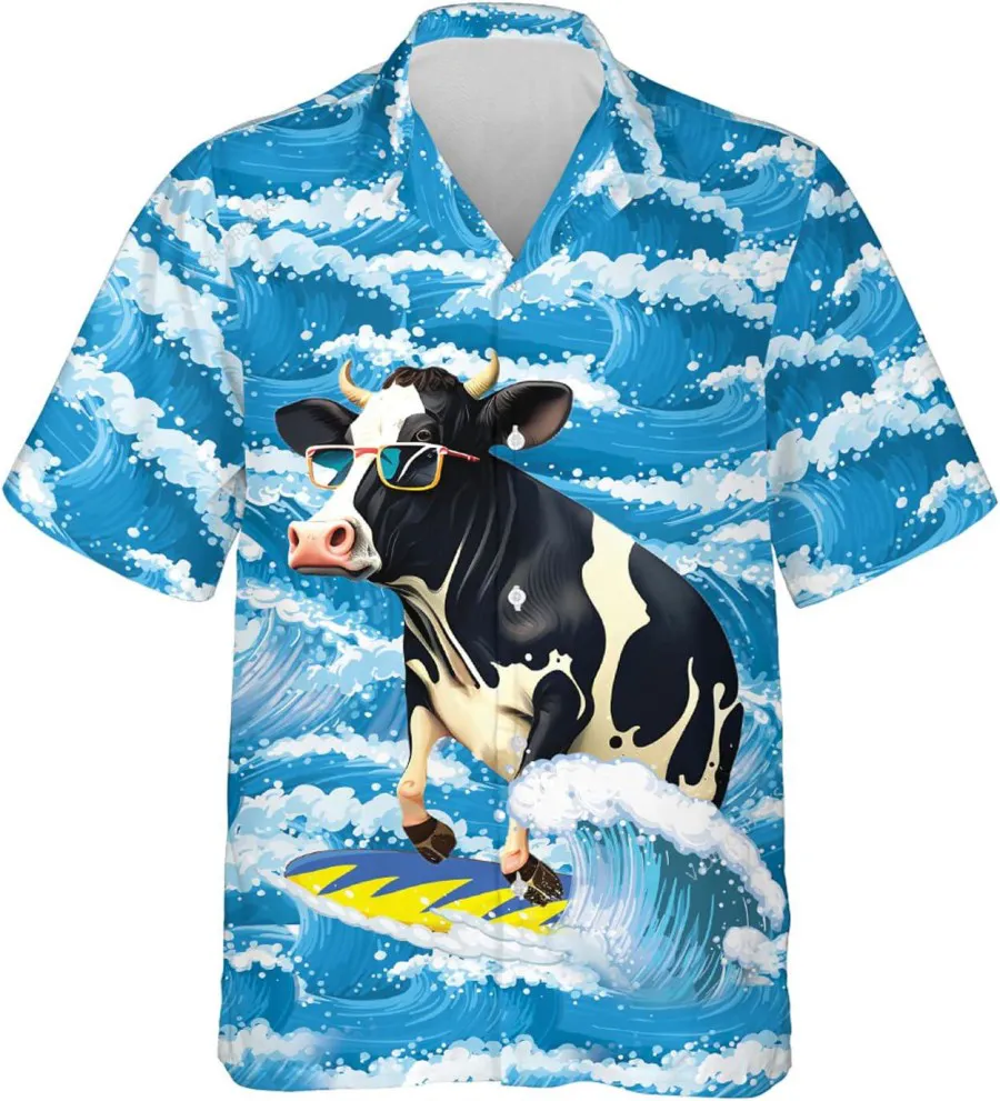 Funny Cow Surfing With Waves Hawaiian Shirt, Surfing Summer Beach Shirt, Short Sleeve Button Down Hawaiian Shirts, Summer Vacation Hawaiian Shirt