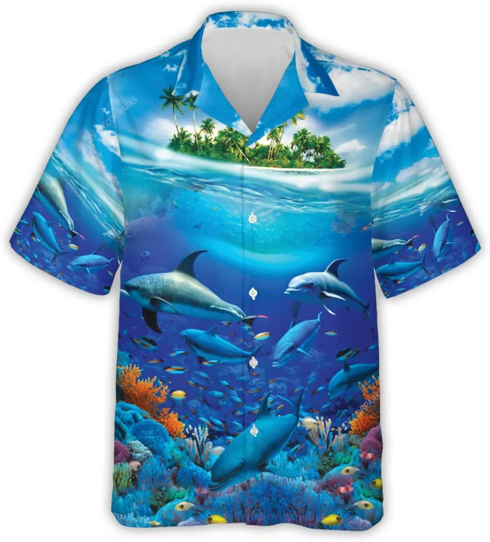 Sea Dolphin Tropical Island Hawaiian Shirts For Men Women, Ocean Dolphins Summer Beach Shirt, Hawaiian Aloha Shirt, Casual Printed Beach Shirt