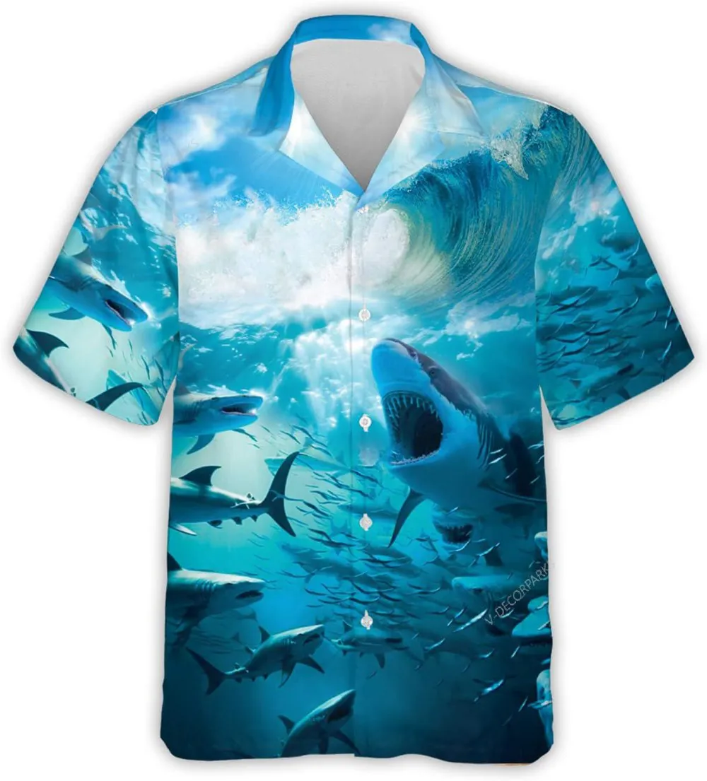 Shark And Ocean Hawaiian Shirts For Men, Summer Button Down Hawaiian Shirt, Sea Ocean Sharks Shirt, Summer Beach Shirt, Hawaiian Aloha Shirt