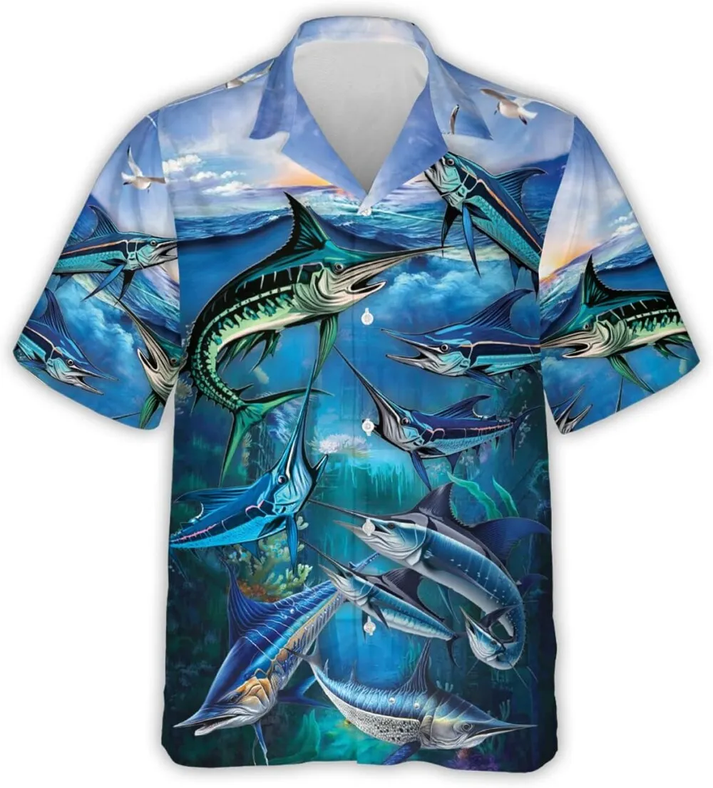 Marlin Fish Hawaiian Shirts, Sea Fishes Hawaiian Shirt Short Sleeve, Ocean Summer Shirts, Tropical Summer Casual Button Down Sea Fish Hawaiian Shirt