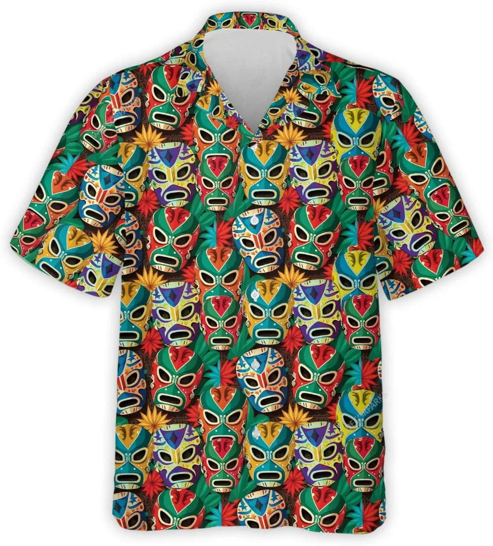 Lucha Libre Masks Summer Men Hawaiian Shirt, Wrestling Mask Button Down Shirt, Mexico Theme Hawaiian Aloha Shirts, Vintage Hawaii Beach Shirt
