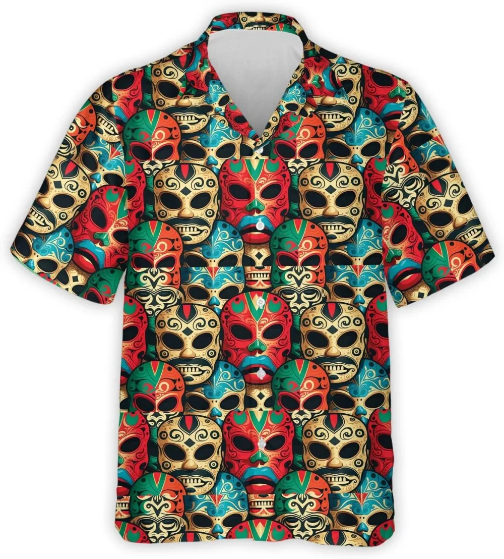Lucha Libre Mens Hawaiian Shirts, Mexican Theme Hawaiian Shirts, Wrestling Mask Summer Shirts, Wrestling Mask Casual Button Down Hawaiian Shirts