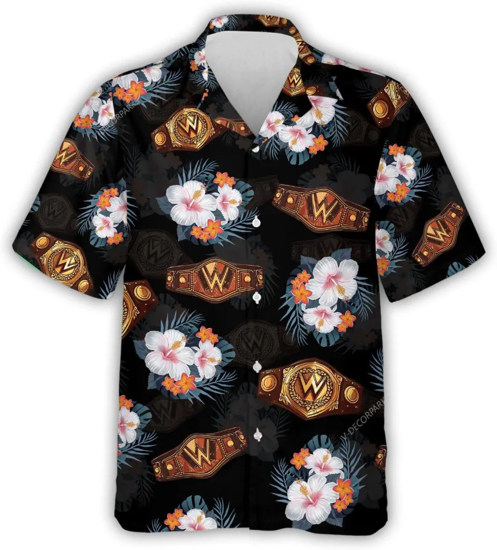 Hibiscus Flower And Wrestling Belt Summer Mens Hawaiian Shirt, Tropical Hibiscus Button Down Shirt, Hawaiian Aloha Shirt, Beach Shirt