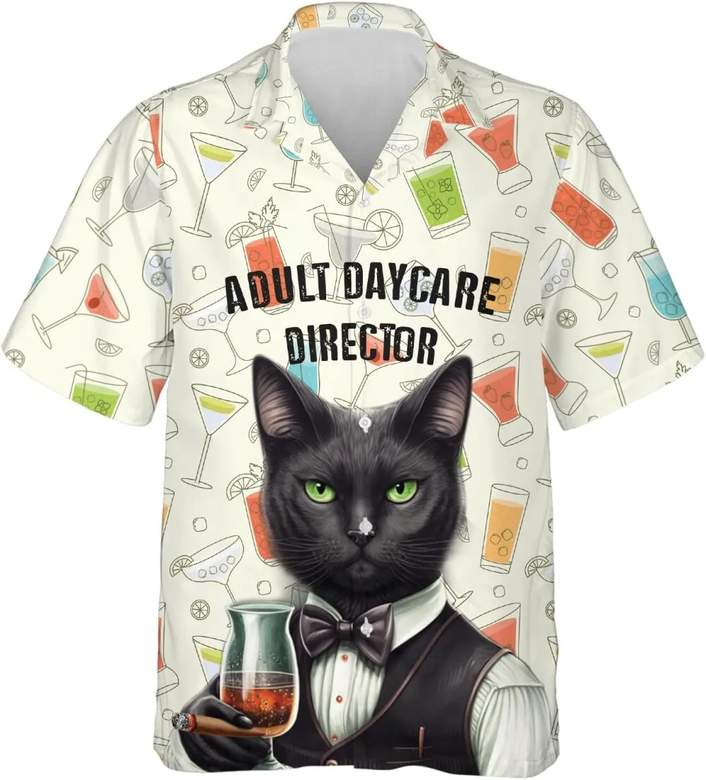 Black Cat Hawaiian Shirts, Funny Cat Drinking Hawaiian Shirts, Black Cat Summer Shirts, Bartender Casual Button Down Mens Hawaiian Shirts Short Sleeve