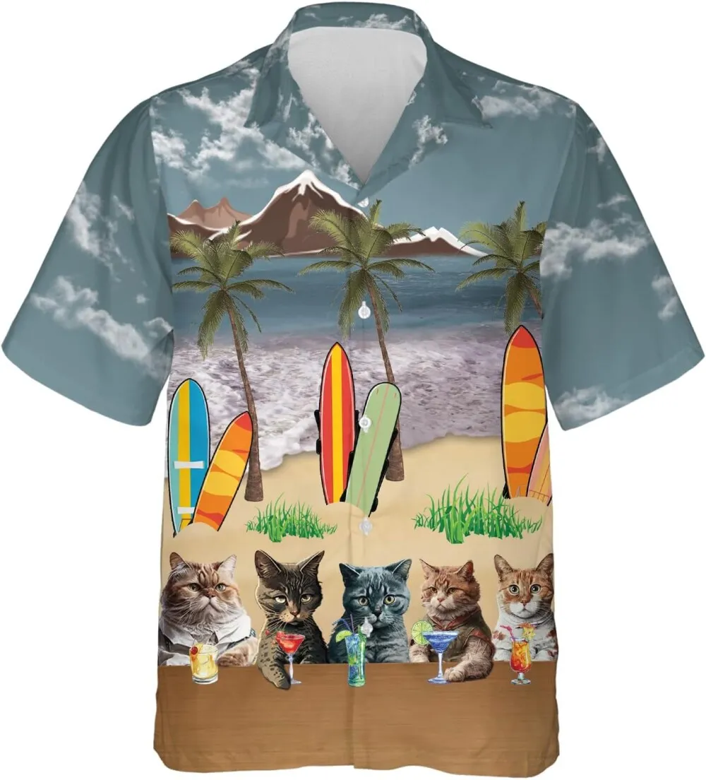 Cat Drinking Hawaiian Shirts, Funny Cat Summer Shirts, Summer Beach Vibe Hawaiian Shirts, Beach Party Button Down Short Sleeve Shirts, Aloha Shirts