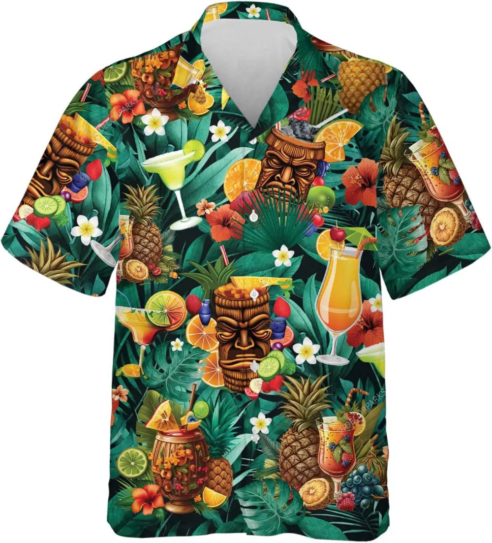 Tiki Bar Tropical Pattern Hawaiian Shirts Short Sleeves, Tiki Cocktails Button Down Mens Hawaiian Shirts, Tropical Beach Shirt, Summer Aloha Shirt
