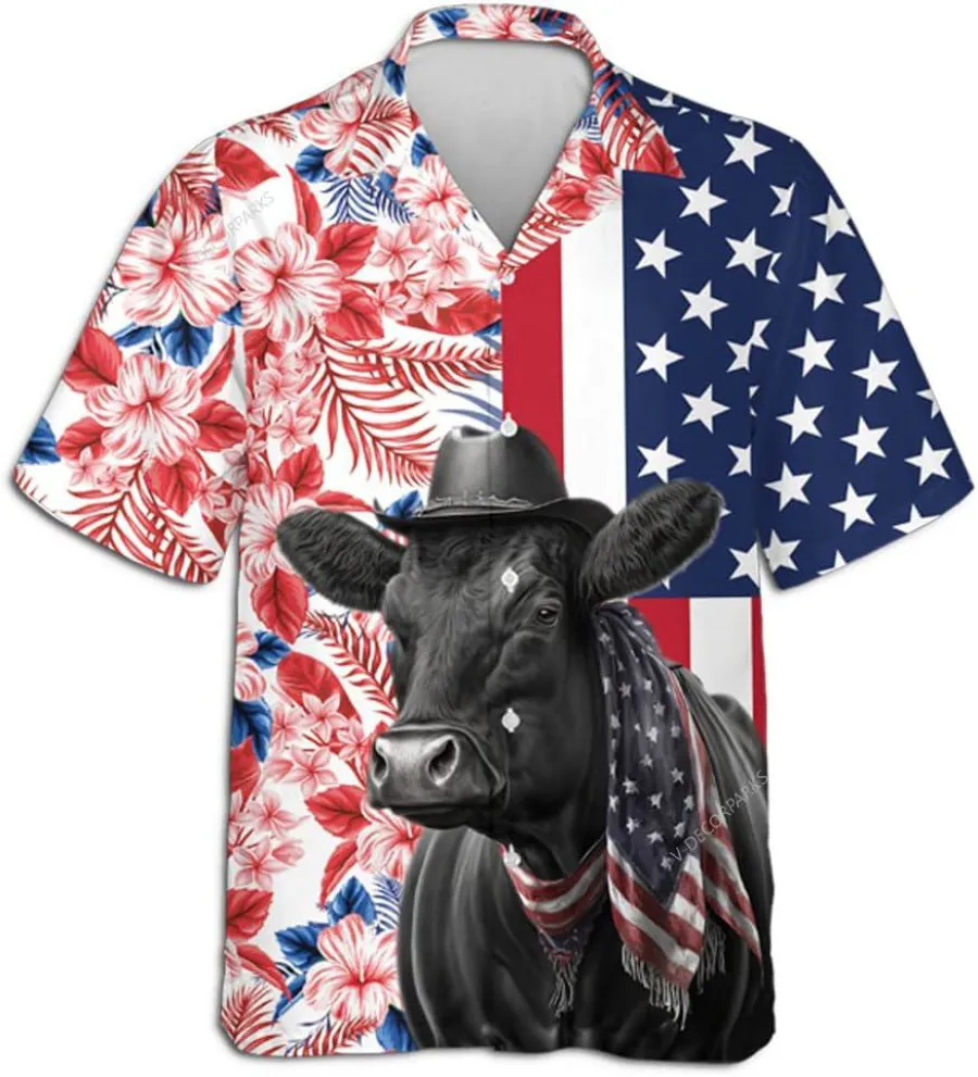 American Black Cow And Hibiscus Flower Hawaiian Shirts For Men, American Cow Button Down Short Sleeve Shirt, Aloha Hibiscus Flower Summer Beach Shirt