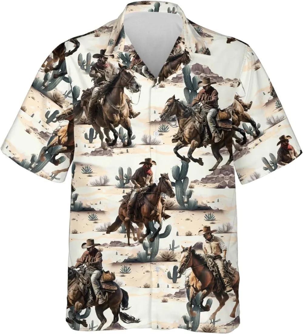 Western Desert Cowboy Hawaiian Shirts For Men, Horse Racing Vintage Cactus Hawaiian Shirt, Cowboy Casual Button Down Mens Hawaiian Shirts Short Sleeve