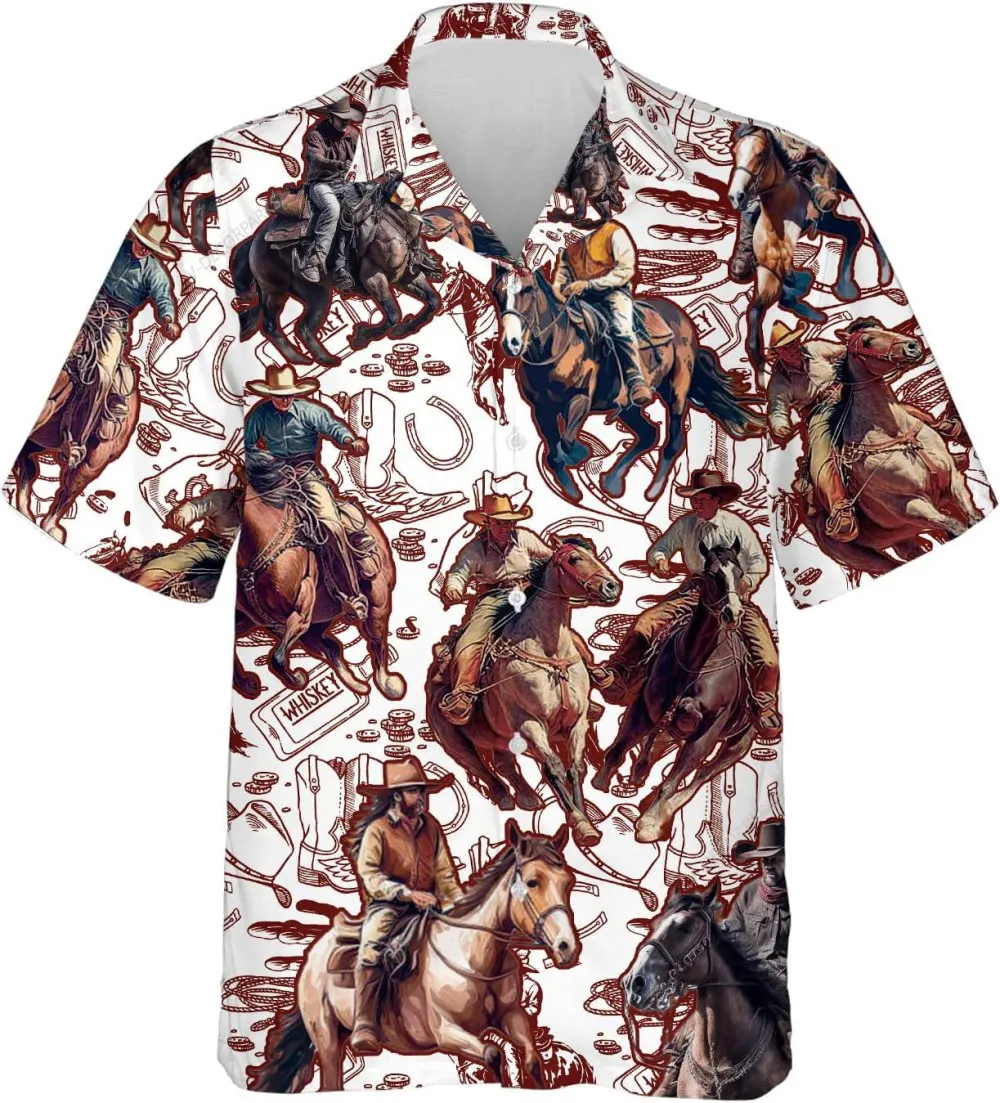 Vintage Cowboy Hawaiian Shirts For Men, Western Cowboy Hawaiian Aloha Shirt, Button Down Short Sleeve Shirt, Summer Beach Shirt, Vacation Shirt