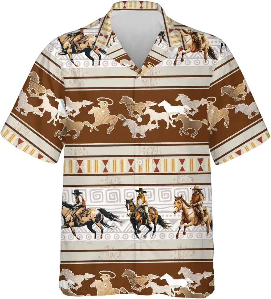 Vintage Horse Cowboy Aztec Pattern Hawaiian Shirts For Men, Western Cowboy Button Down Hawaiian Shirts, Short Sleeve Summer Beach Shirt