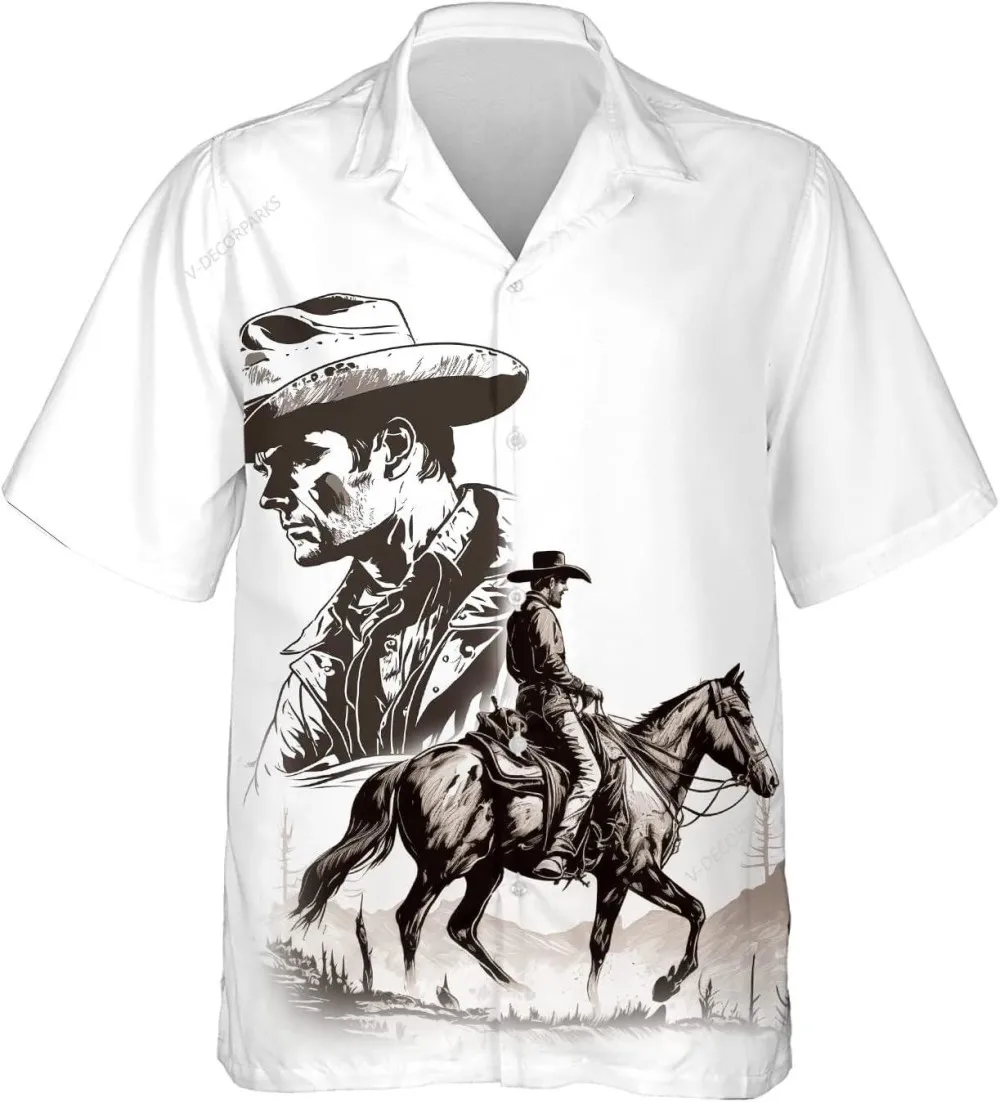 Vintage Western Cowboy Button Down Hawaiian Shirts For Men, Cowboy Summer Beach Shirt, Hawaiian Style Shirt, Vintage Hawaii Beach Shirt