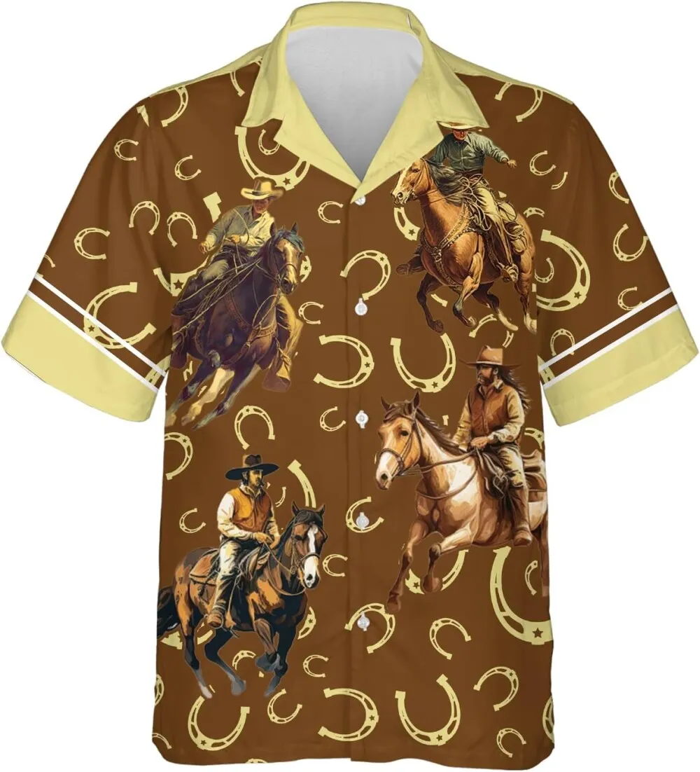 Cowboy Hawaiian Shirts For Men, Horseshoe Pattern Hawaiian Shirt, Western Cowboy Button Down Mens Hawaiian Shirts Short Sleeve, Gift For Horse Lovers