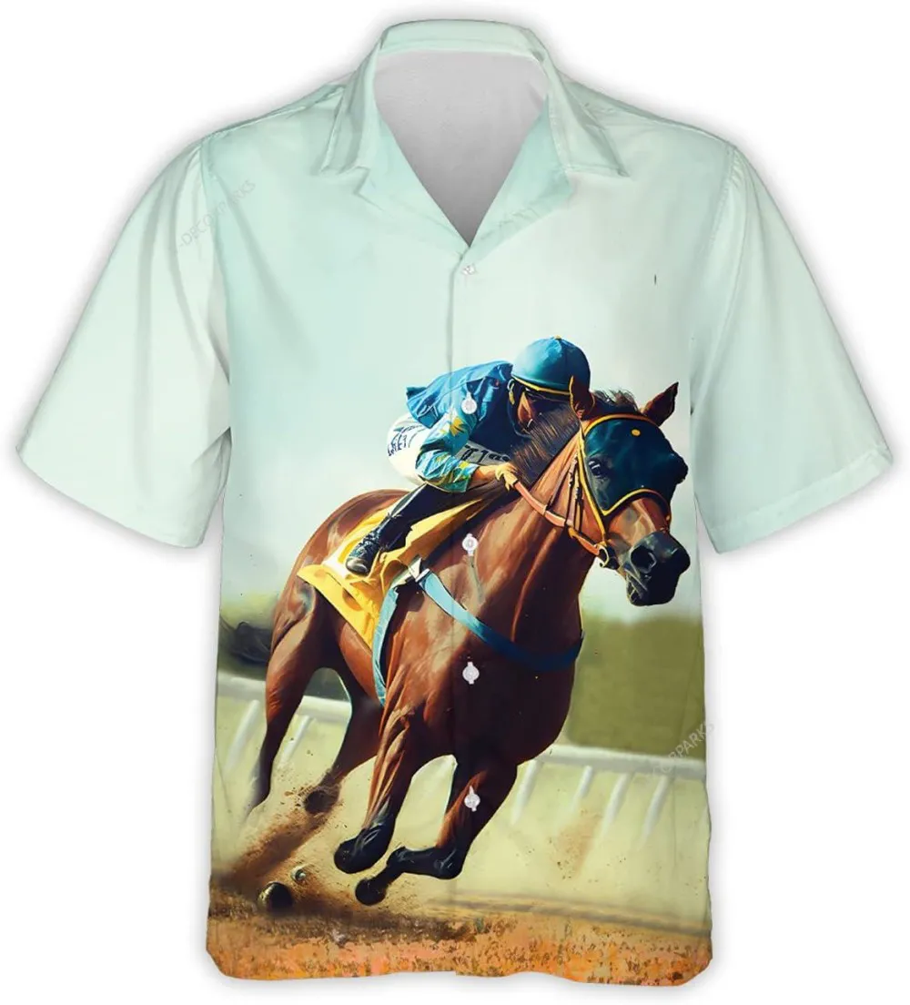 Horse Racing Hawaiian Shirts For Men, Horse Race Short Sleeve Button Down Hawaiian Shirts, Casual Printed Beach Summer Shirt, Hawaiian Aloha Shirt