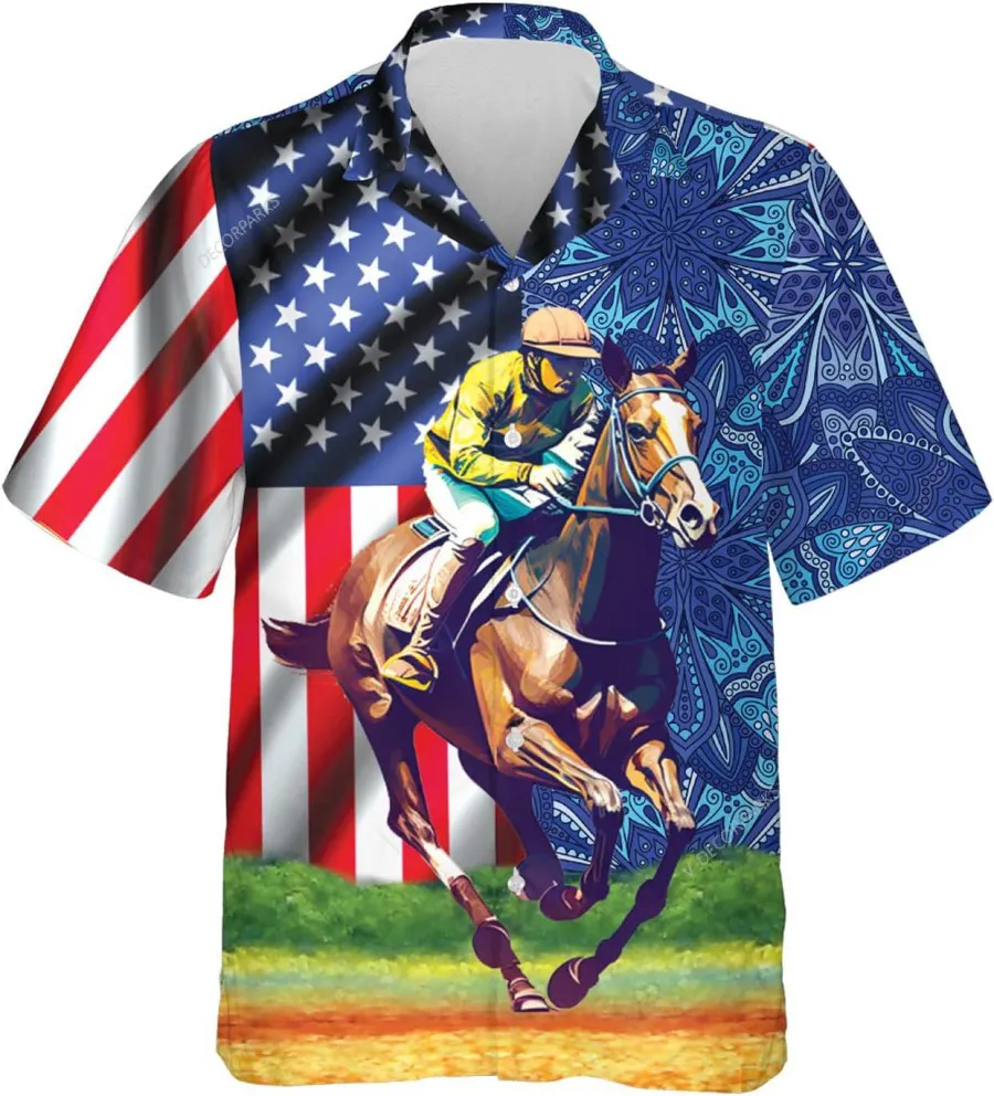 Horse Racing American Flag Hawaiian Shirts, Horse Shirt, Horse Gift, Horse Racing Casual Button Down Short Sleeve Hawaiian Shirt, Summer Aloha Shirt