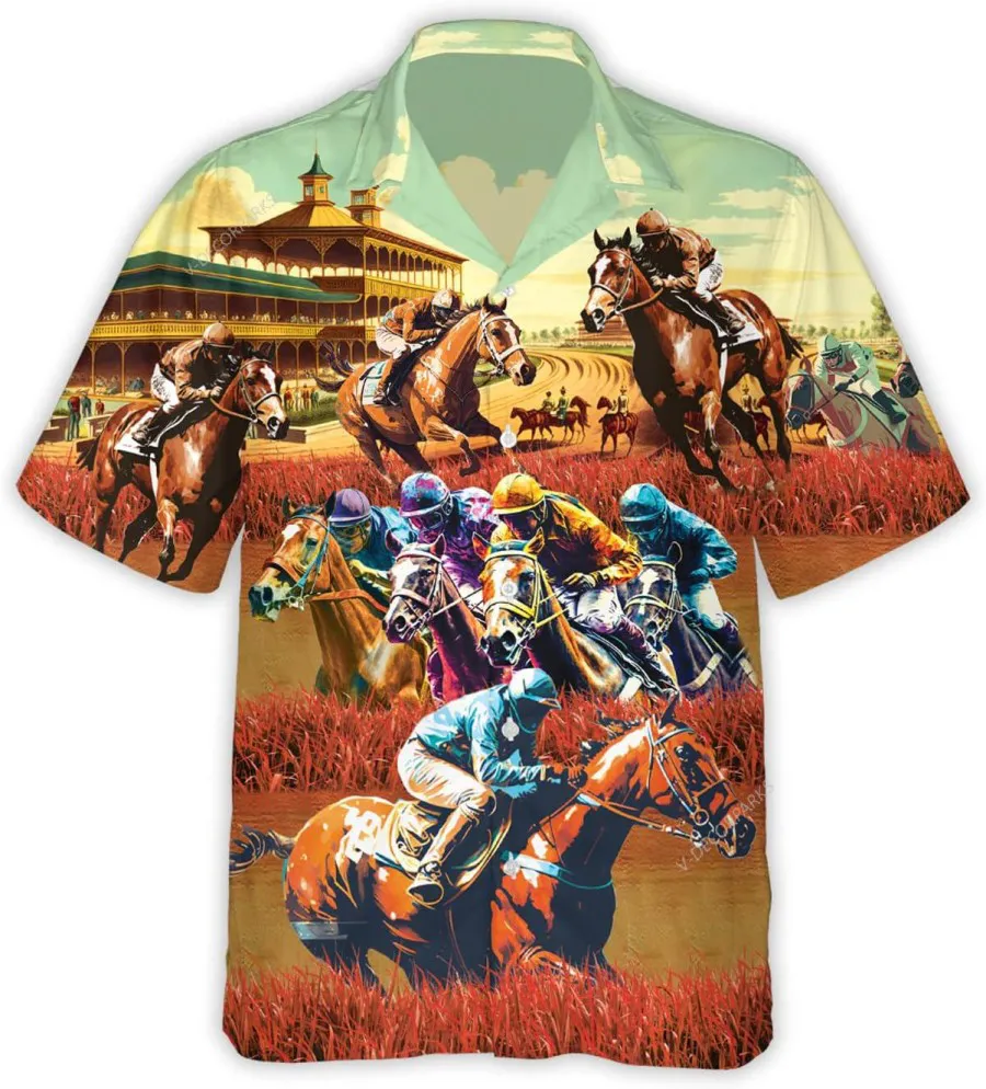 Vintage Horse Racing Hawaiian Shirts For Men, Horse Jockey Button Down Mens Hawaiian Shirts, Summer Beach Shirt, Short Sleeve Shirt, Horse Gift