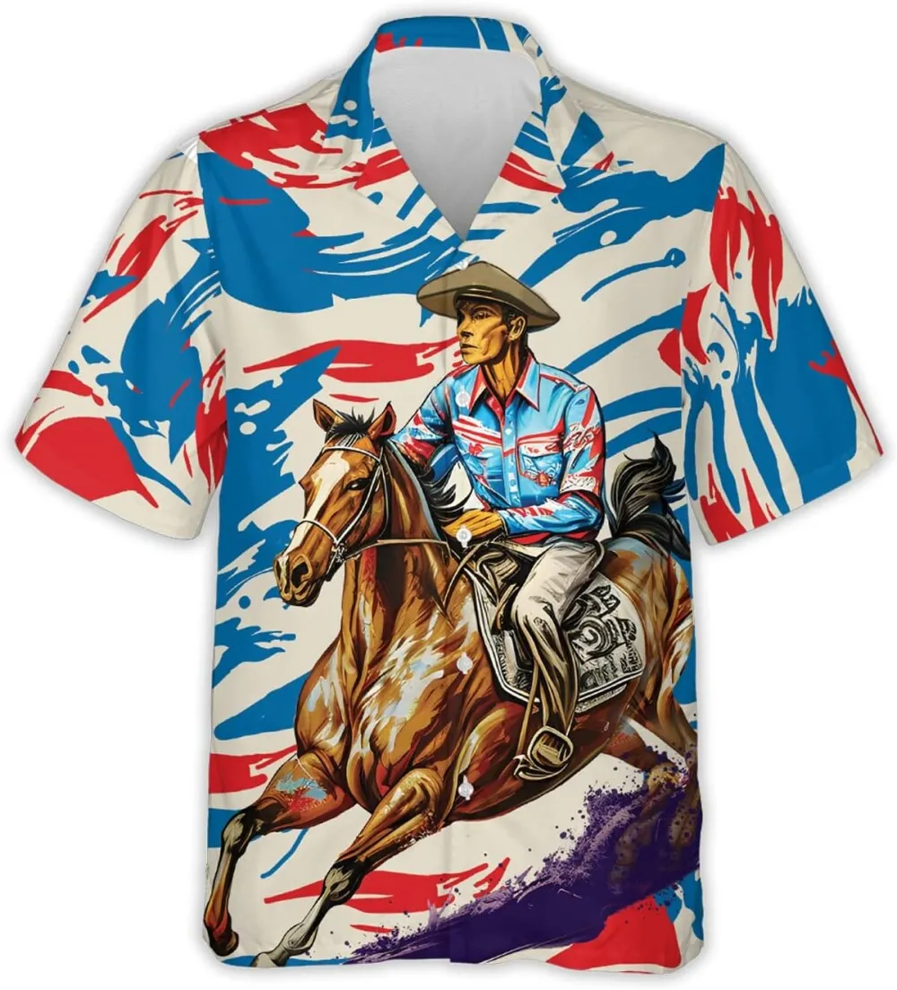 Cowboy Hawaiian Shirts For Men, Cool Cowboy Summer Beach Shirt, Cowboy Button Down Mens Hawaiian Shirts Short Sleeve, Gift For Racing Horse Lover