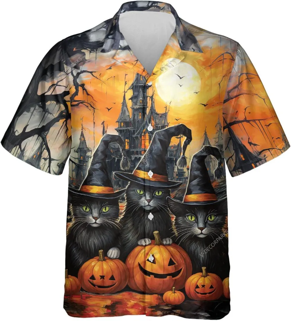 Halloween Black Cat And Pumpkin Hawaiian Shirts, Halloween Horror Night Hawaiian Aloha Shirt, Halloween Shirt, Casual Button Down Shirt