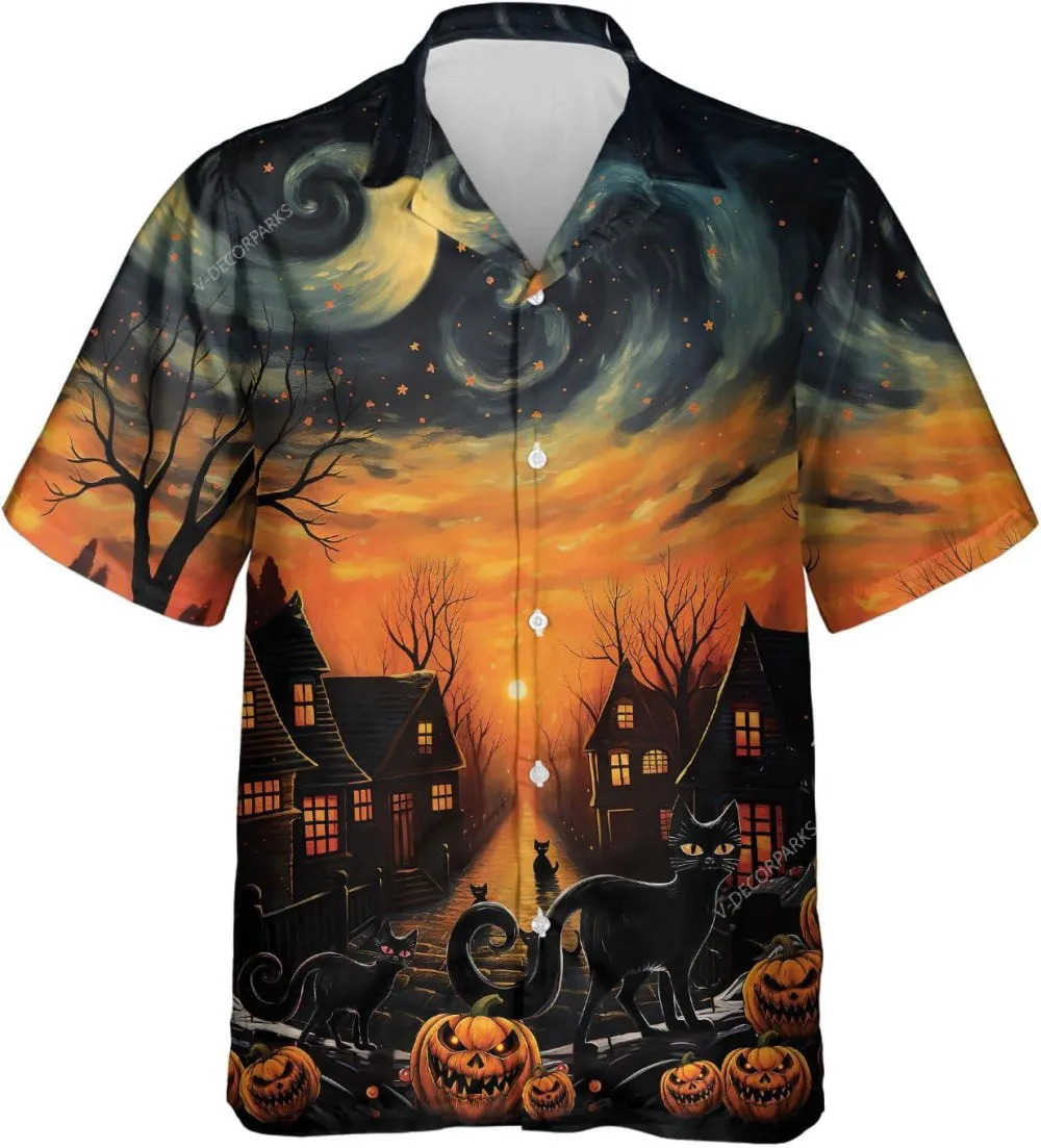 Halloween Horror Night With Black Cat And Pumpkin Hawaiian Shirts, Halloween Night Button Down Hawaiian Shirts, Halloween Shirt, Short Sleeves Shirt