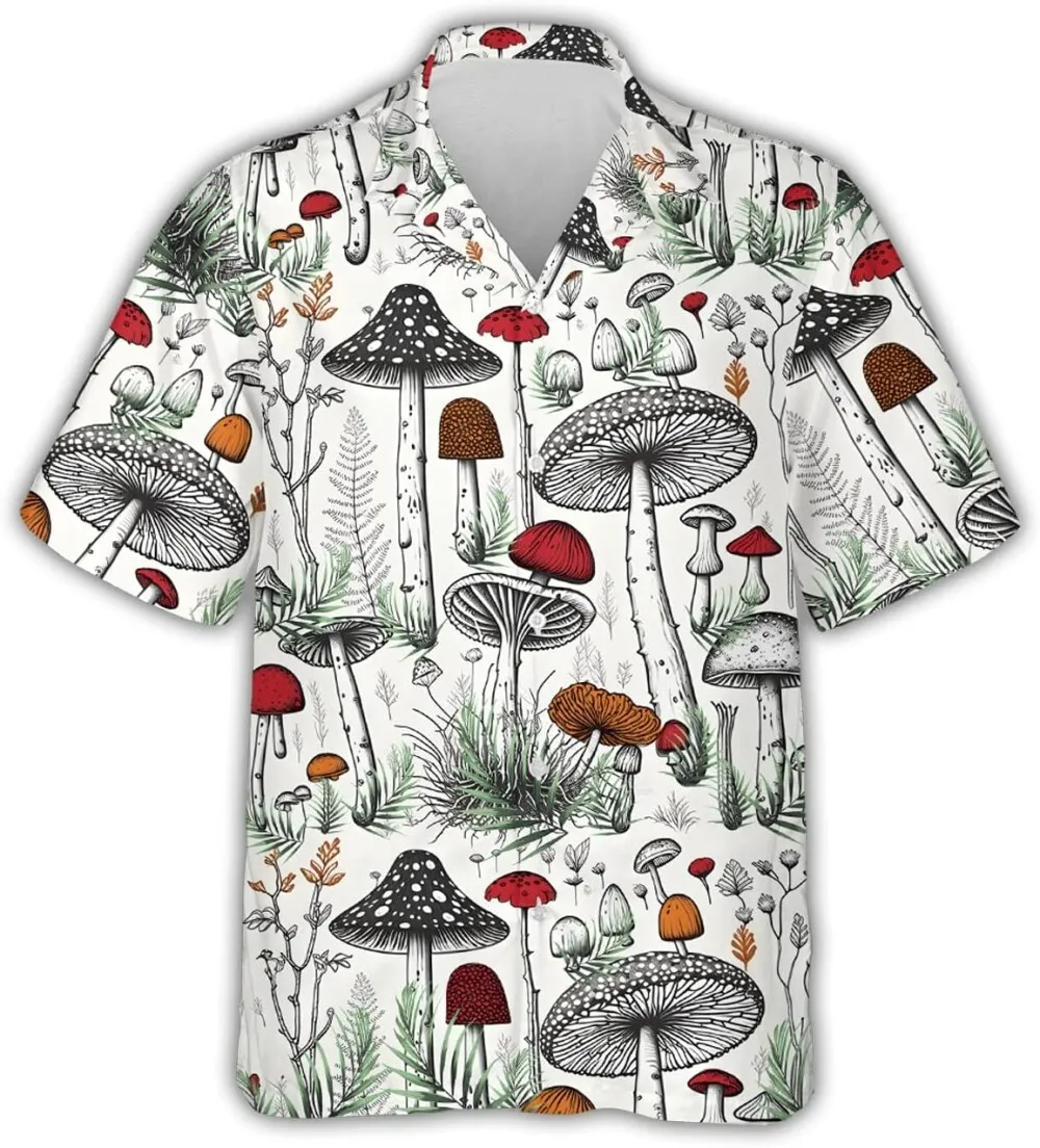 Mushroom Hawaiian Shirts For Men, Vintage Mushroom Casual Button Down Short Sleeve, Mushroom Pattern Summer Shirt, Aloha Shirt, Tropical Printed Shirt