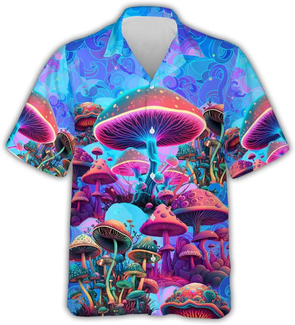 Colorful Magic Mushroom Hawaiian Shirt For Men Women, Psychedelic Mushrooms Hawaiian Aloha Shirt, Casual Button Down Short Sleeves Shirt, Beach Shirt