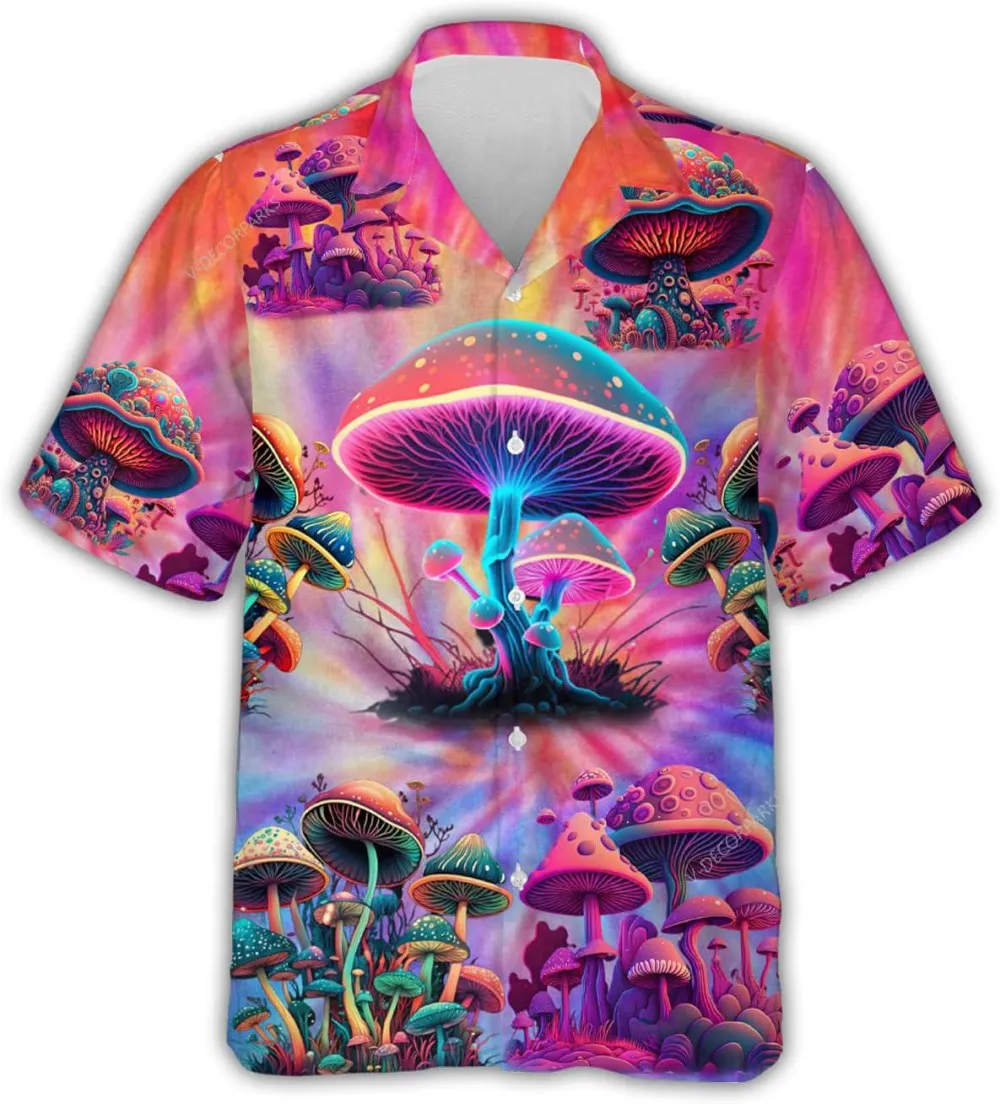 Hippie Mushroom Hawaiian Shirts For Men Women, Trippy Mushroom Button Down Hawaiian Shirts, Magic Mushroom Shirt, Summer Beach Shirt