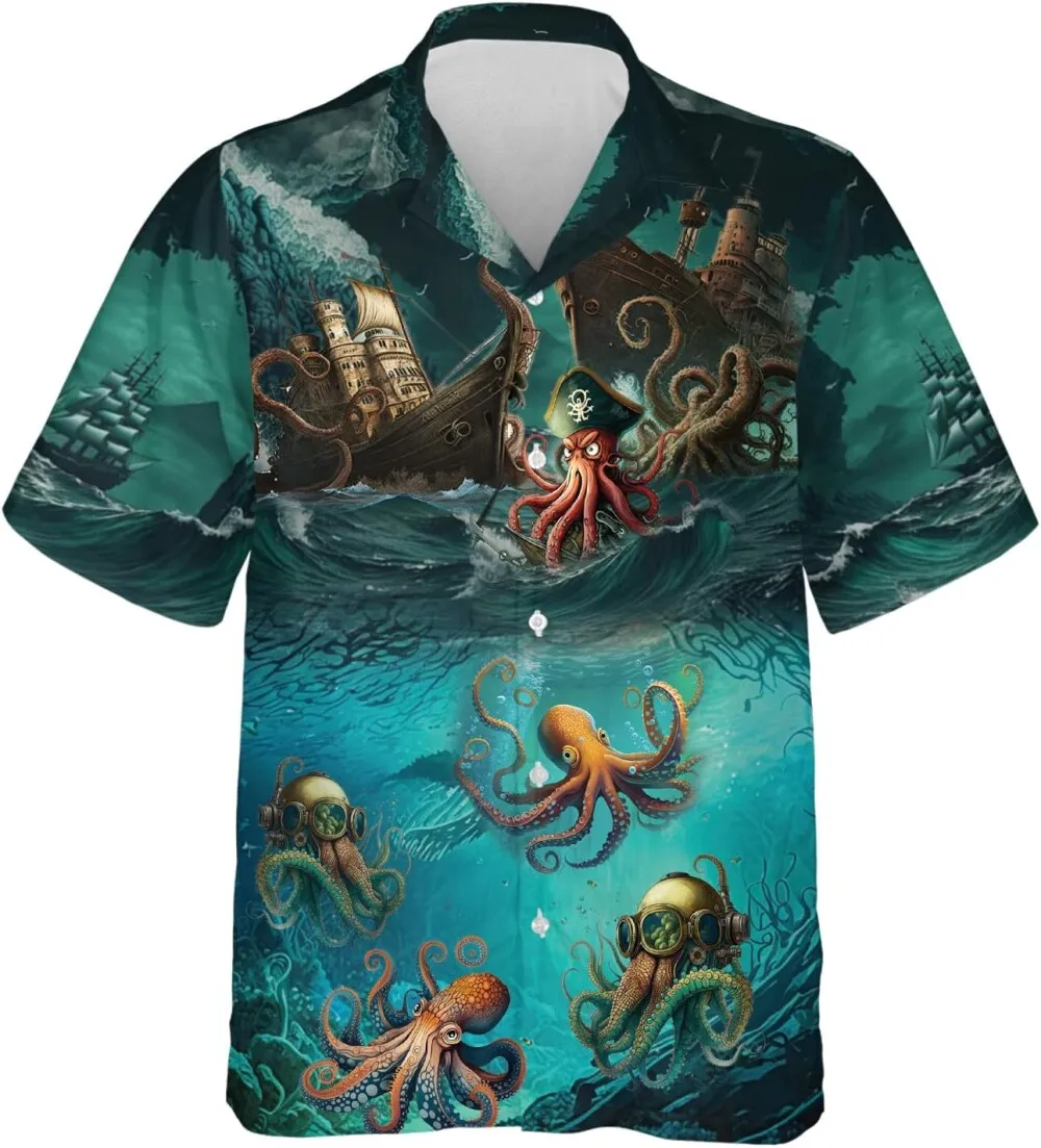 Pirate Life Hawaiian Shirts, Mythical Creatures Octopus Summer Beach Shirts, 3d Octopus Shirt, Pirate Skull Button Down Hawaiian Shirts Short Sleeve
