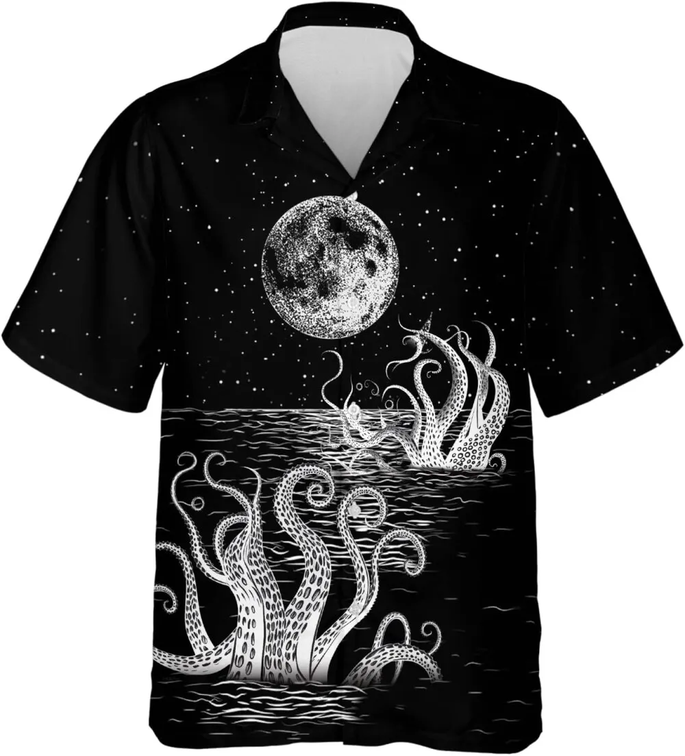 Tentacles Hawaiian Shirts For Men, Mysterious Moon Night Hawaiian Shirt, Mythical Creatures Casual Button Down Mens Hawaiian Shirts Short Sleeve