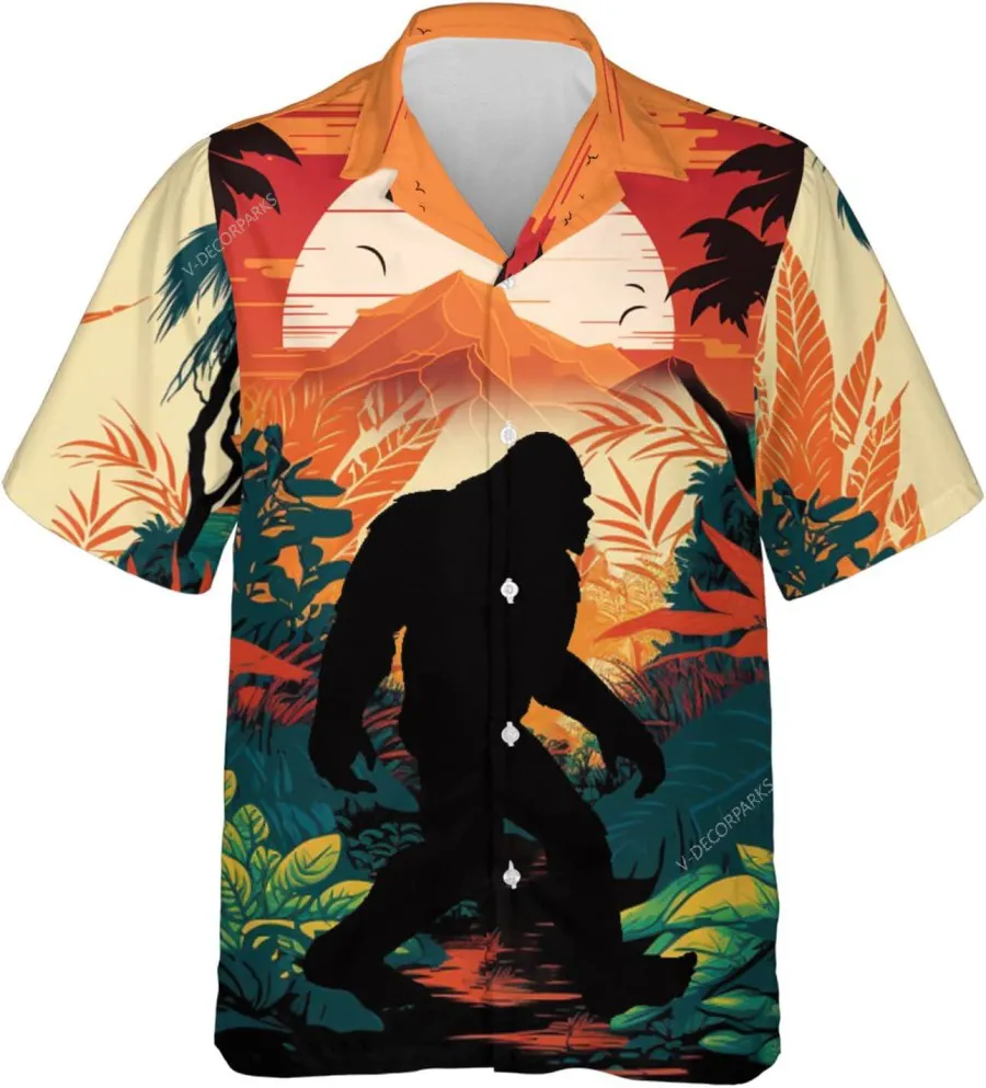 Mythical Bigfoot Tropical Sunset Hawaiian Shirts For Men, Bigfoot Sasquatch Button Down Mens Hawaiian Shirts, Summer Beach Shirt, Bigfoot Aloha Shirt