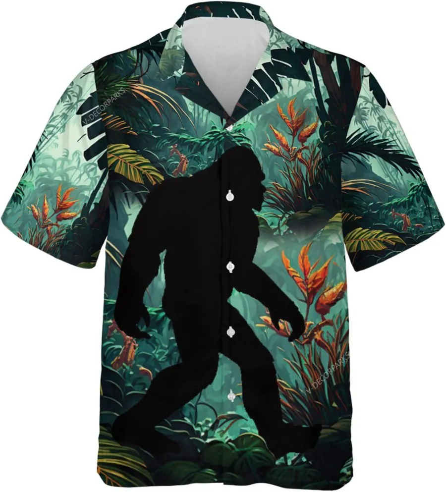 Mysterious Bigfoot In The Forest Hawaiian Shirts For Men, Bigfoot Casual Button Down Short Sleeve Shirt, Bigfoot Shirt, Sasquatch Shirt, Beach Shirt