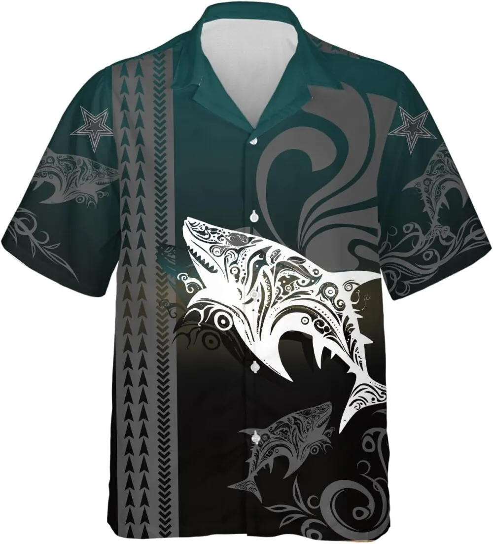 Tribal Shark Hawaiian Shirts For Men Women, Summer Marine Shirts, Shark Mens Casual Button Down Hawaiian Shirts, Marine Shark Short Sleeve Shirts