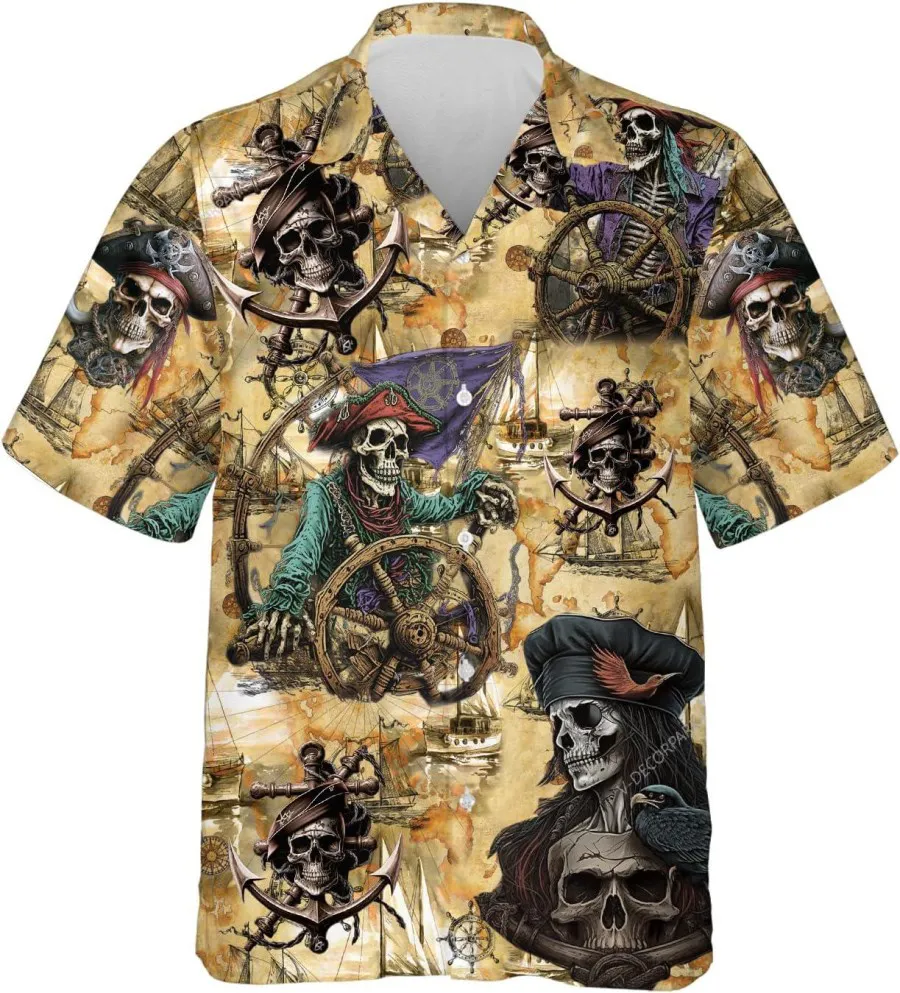 Pirate Skull Vintage Hawaiian Shirts For Men, Pirate Skull Casual Button Down Hawaiian Shirts, Summer Beach Shirt, Hawaiian Aloha Shirt
