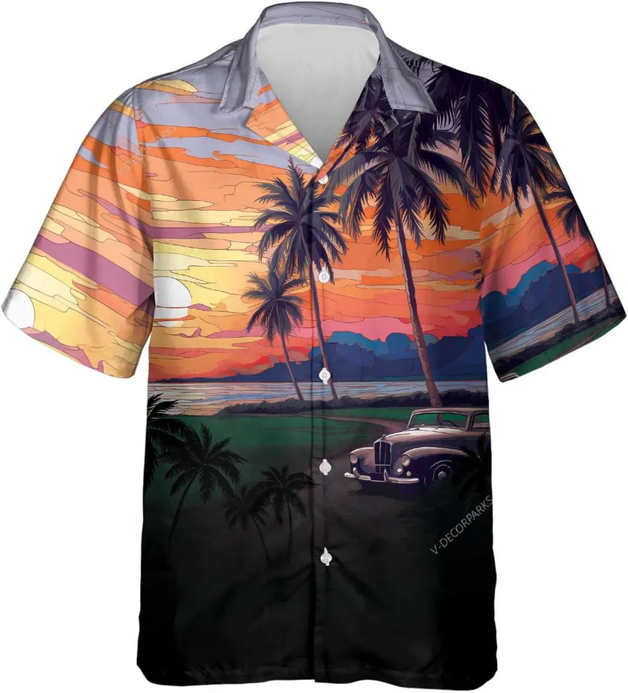 Tropical Palm Tree Sunset Hawaiian Shirts, Vintage Hawaii Beach Shirt, Hawaiian Style Shirts, Casual Printed Beach Summer Shirt, Button Down Shirt