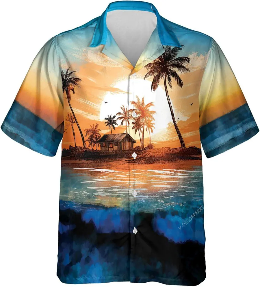 Tropical Beach Sunset Hawaiian Shirts For Men Women, Summer Vacation Hawaiian Shirt, Family Aloha Shirts, Casual Button Down Hawaiian Shirt