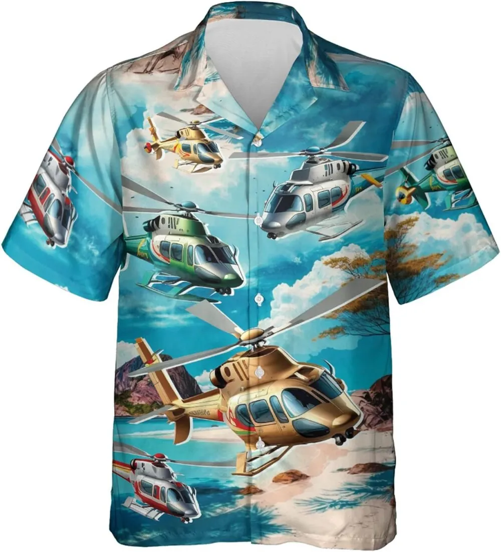 Helicopter Hawaiian Shirt For Men, Tropical Summer Beach Plane 3d Printed Hawaiian Shirt For Mens, Helicopter Casual Button Down Shirt Short Sleeve