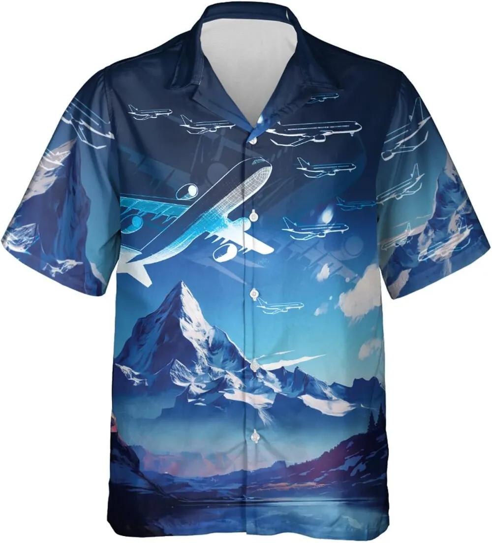 Plane Hawaiian Shirts, Airplane Summer Shirts, Airplane Short Sleeve Shirt, Mountain Retro Airplane Hawaiian Shirt, Aircraft Casual Button Down Shirts
